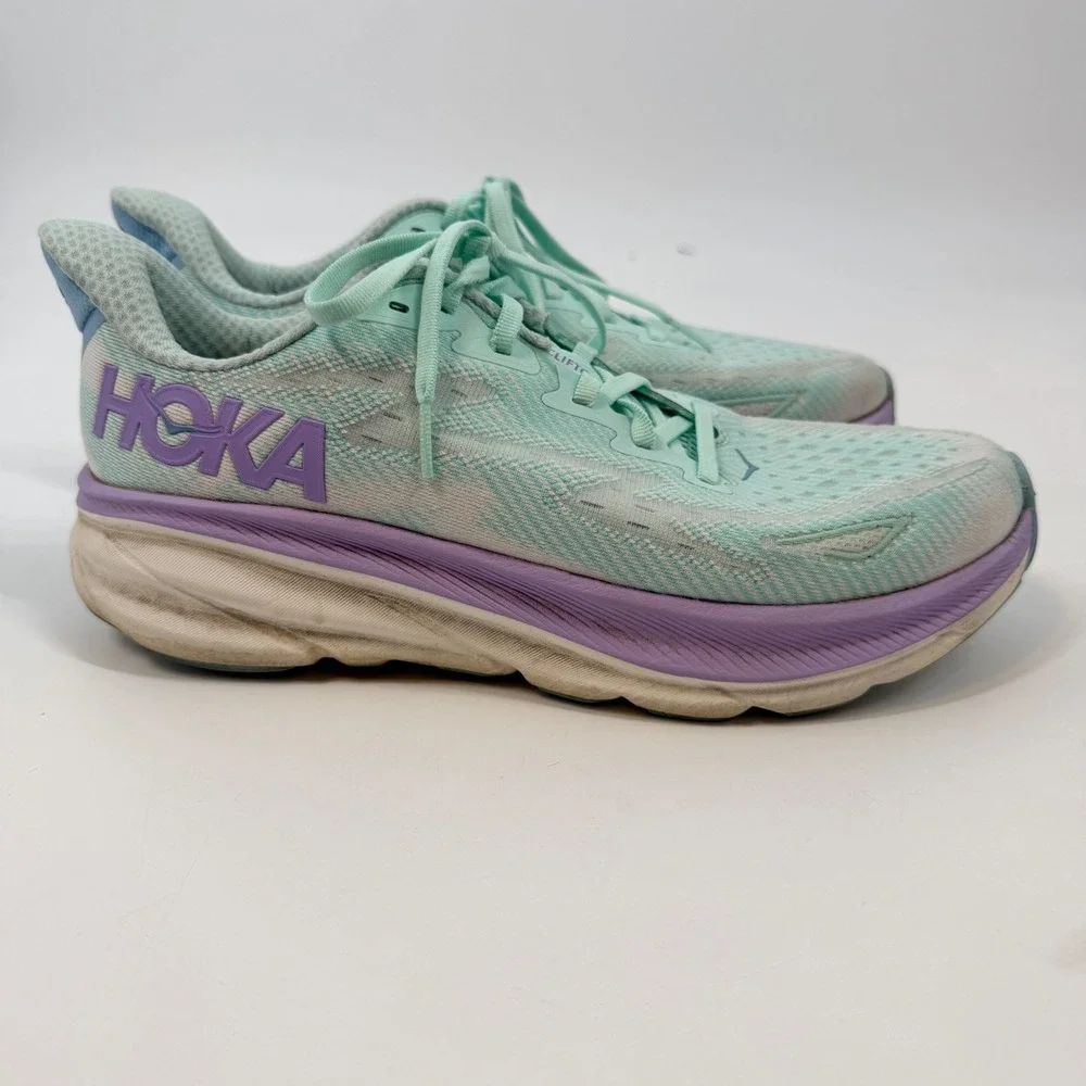 Hoka Clifton 9 Womens Running Shoes Mint Green Purple White Sneakers